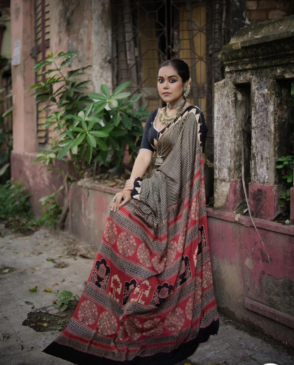 Brown Black & Red Japan Satin Saree With Traditional Printed Work - Festival & Party Wear