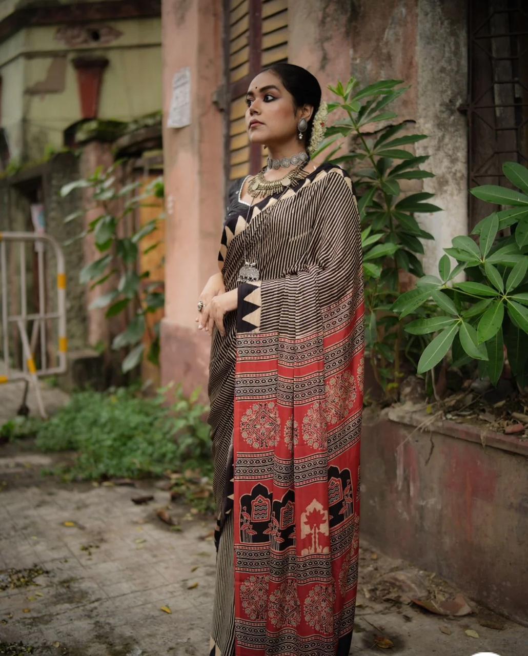 Brown Black & Red Japan Satin Saree With Traditional Printed Work - Festival & Party Wear
