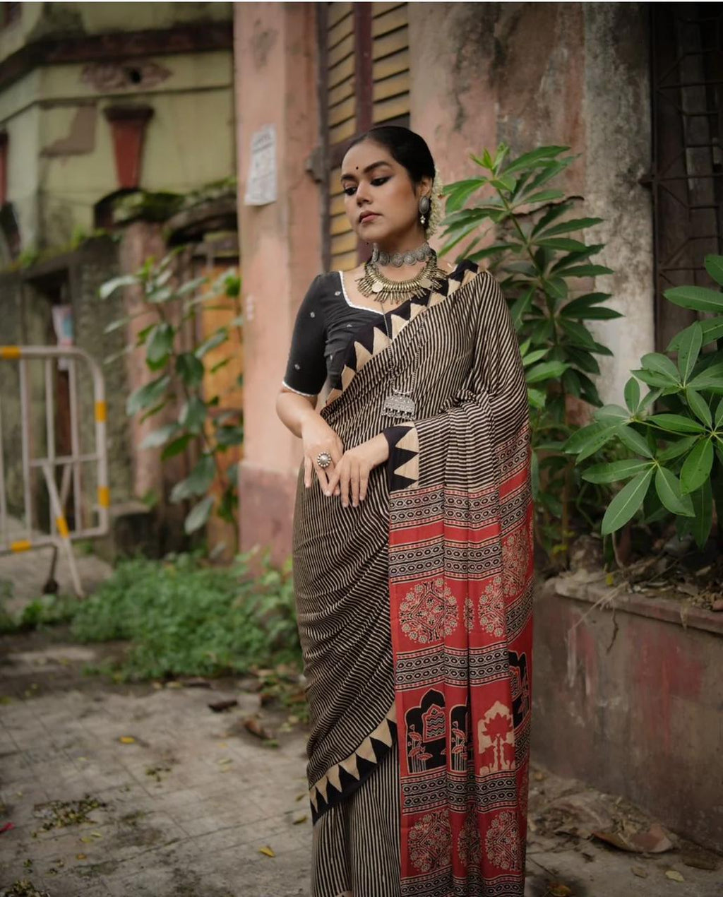 Brown Black & Red Japan Satin Saree With Traditional Printed Work - Festival & Party Wear