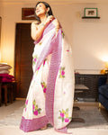 White Floral Printed Cotton Saree with Pink Check Border | Lightweight Summer Saree for Women