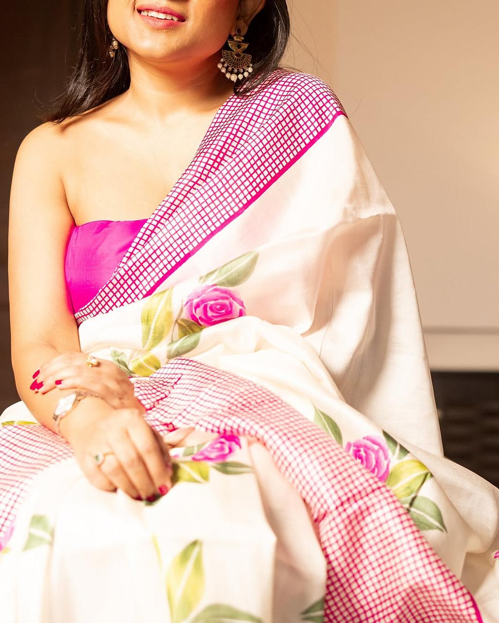 White Floral Printed Cotton Saree with Pink Check Border | Lightweight Summer Saree for Women