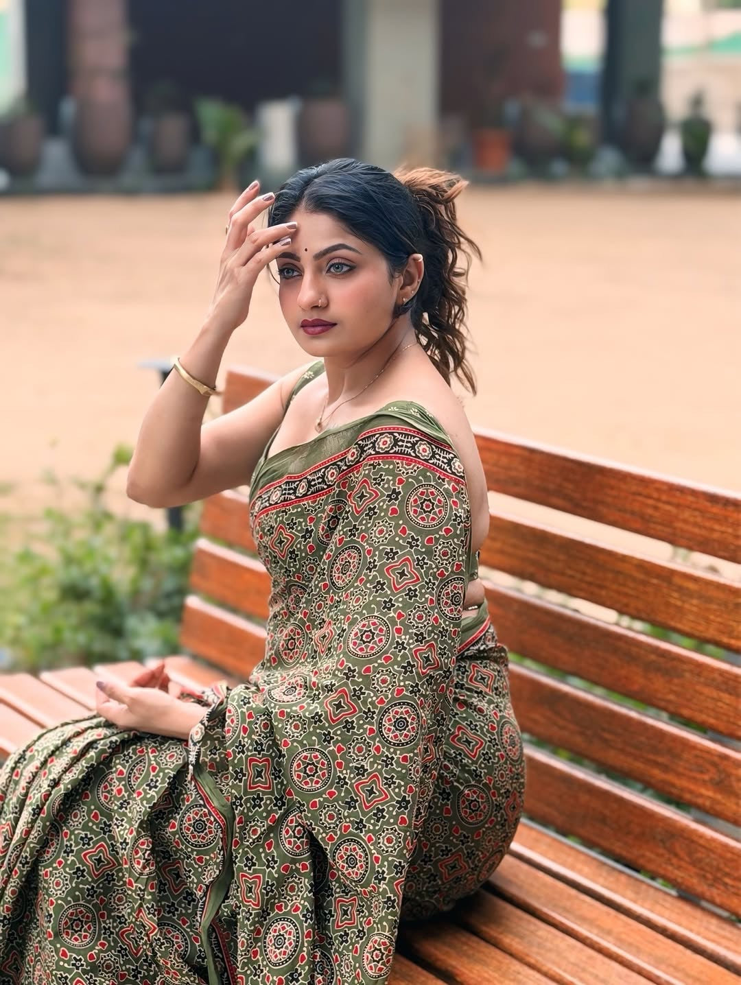 Elegant Olive Green Modal Silk Saree with Traditional Digital Print | Weeding & Festival Wear