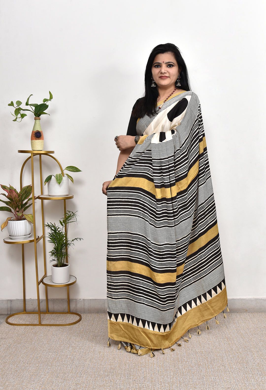 Stylish Cream Saree with Black Polka Dots & Stripes | Modern Casual Ethnic Wear