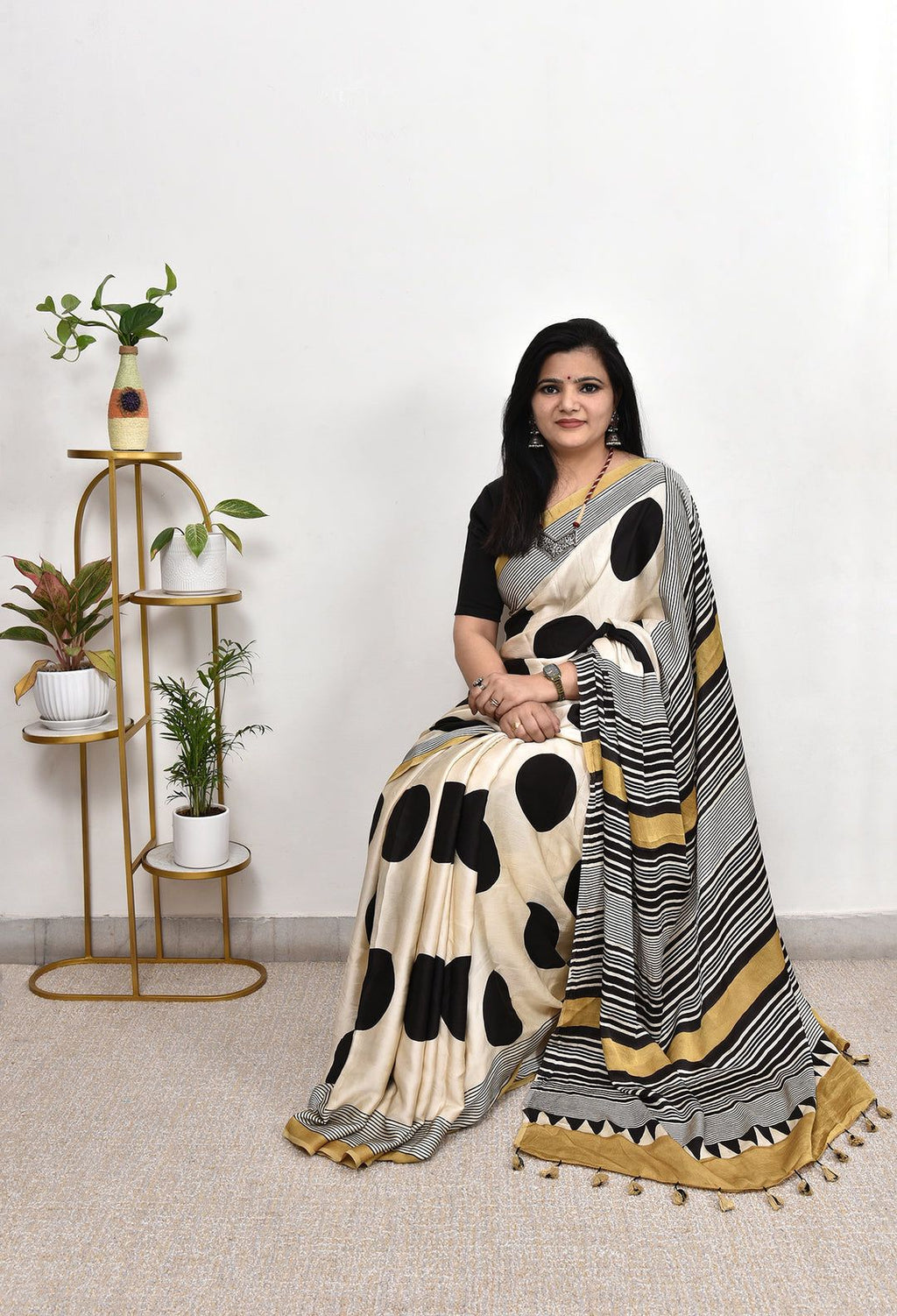 Stylish Cream Saree with Black Polka Dots & Stripes | Modern Casual Ethnic Wear