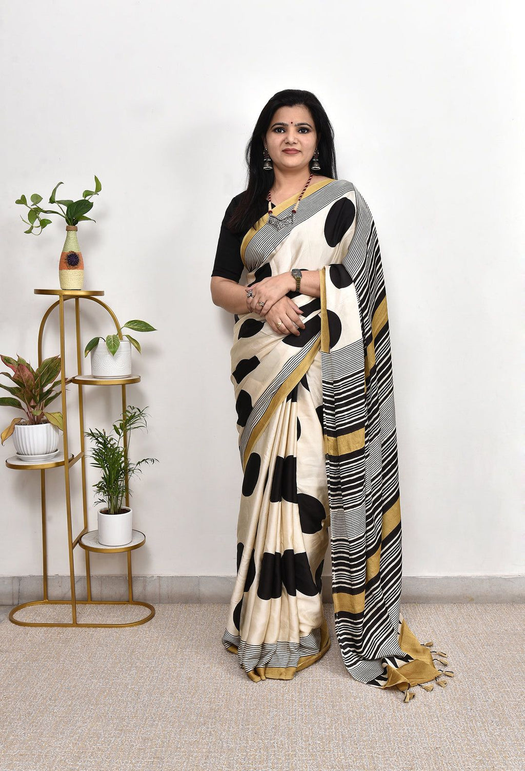 Stylish Cream Saree with Black Polka Dots & Stripes | Modern Casual Ethnic Wear