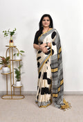 Stylish Cream Saree with Black Polka Dots & Stripes | Modern Casual Ethnic Wear