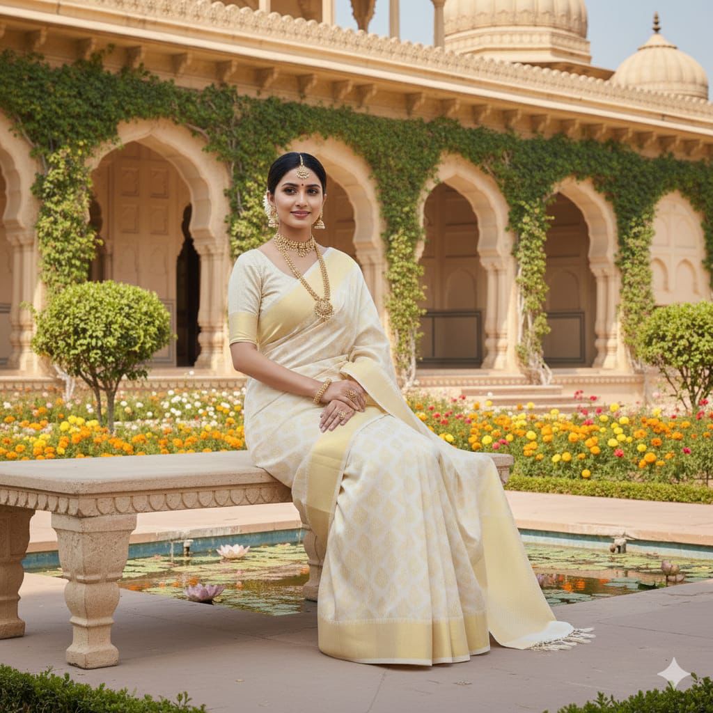 Traditional Cream Banarasi Soft Silk Saree with Rich Gold Pallu | Funcation & Party & Festival Wear