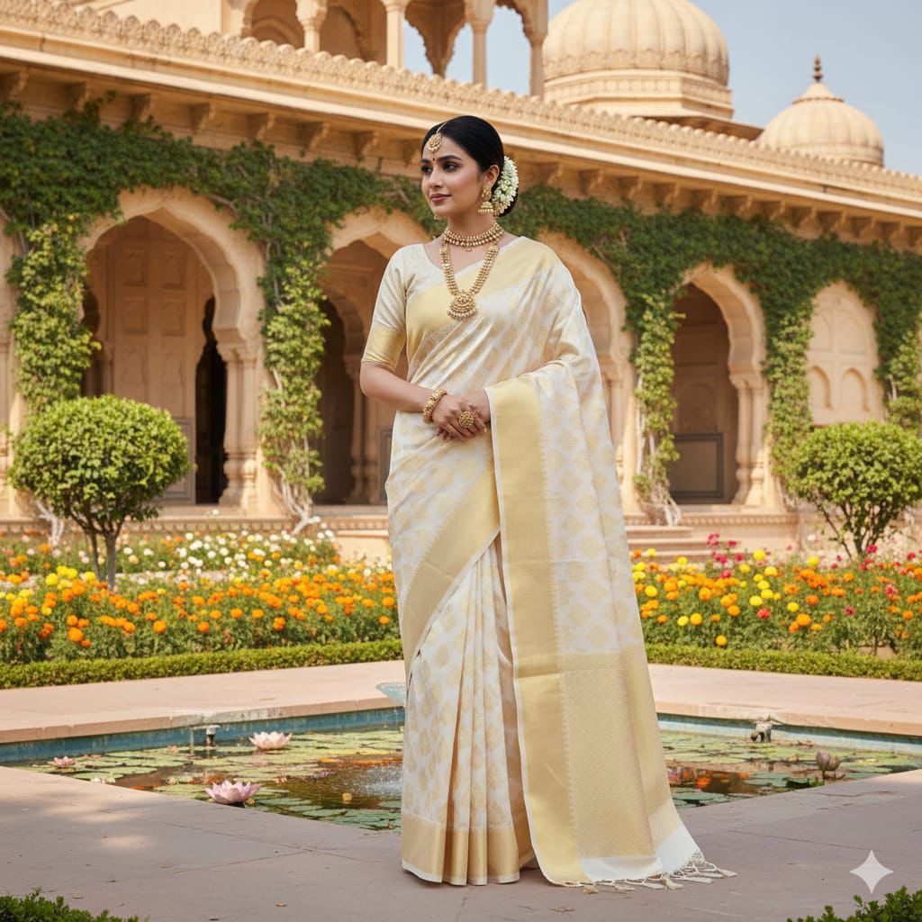 Traditional Cream Banarasi Soft Silk Saree with Rich Gold Pallu | Funcation & Party & Festival Wear