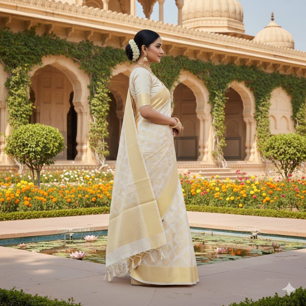 Traditional Cream Banarasi Soft Silk Saree with Rich Gold Pallu | Funcation & Party & Festival Wear