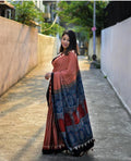 Red & Black Striped Saree with Ajrakh Print Pallu | Soft Cotton Silk Blend | Festive & Casual Wear Ethnic Saree