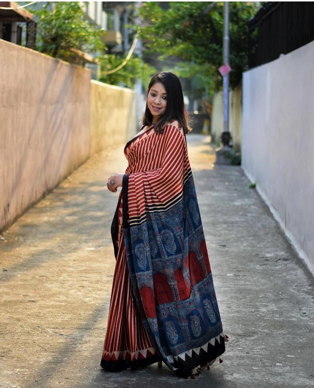 Red & Black Striped Saree with Ajrakh Print Pallu | Soft Cotton Silk Blend | Festive & Casual Wear Ethnic Saree