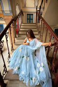 Sky Blue Floral Fish Cut Lehenga Saree for Women | Pure Georgette