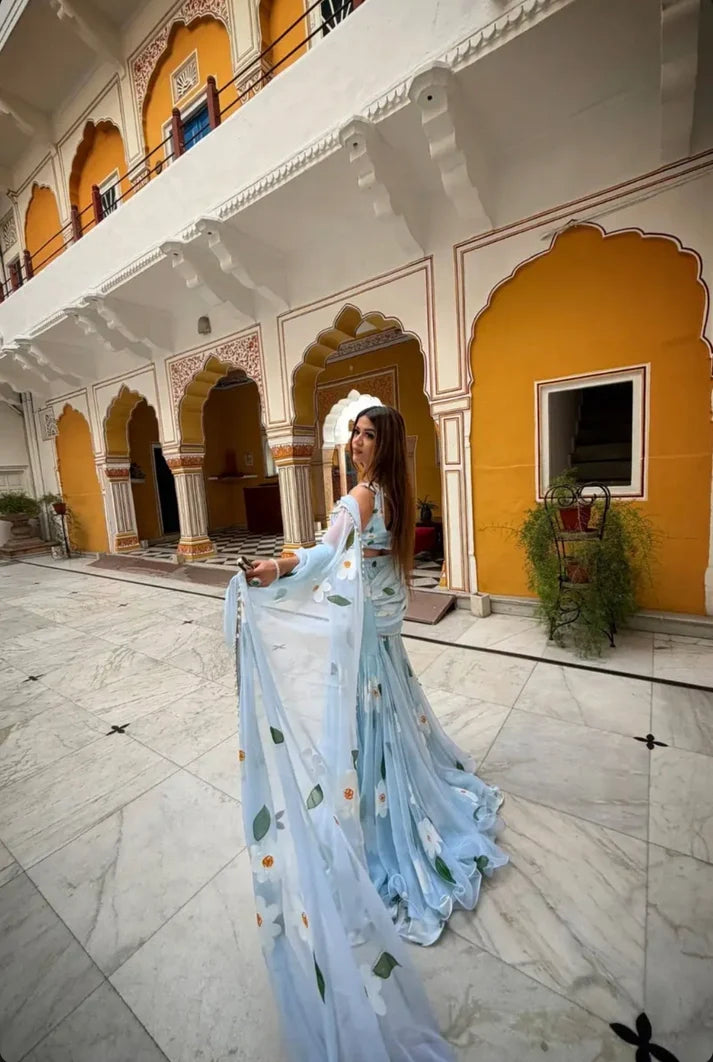 Sky Blue Floral Fish Cut Lehenga Saree for Women | Pure Georgette