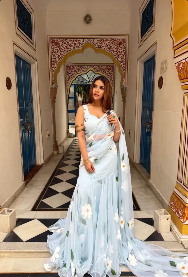Sky Blue Floral Fish Cut Lehenga Saree for Women | Pure Georgette
