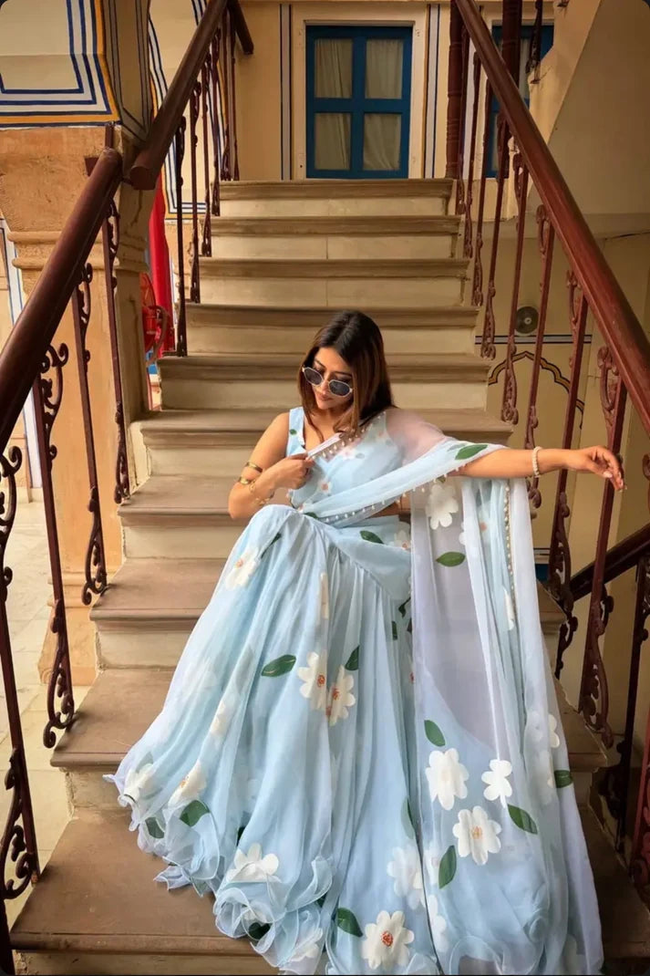 Sky Blue Floral Fish Cut Lehenga Saree for Women | Pure Georgette