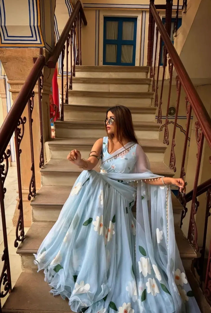 Sky Blue Floral Fish Cut Lehenga Saree for Women | Pure Georgette