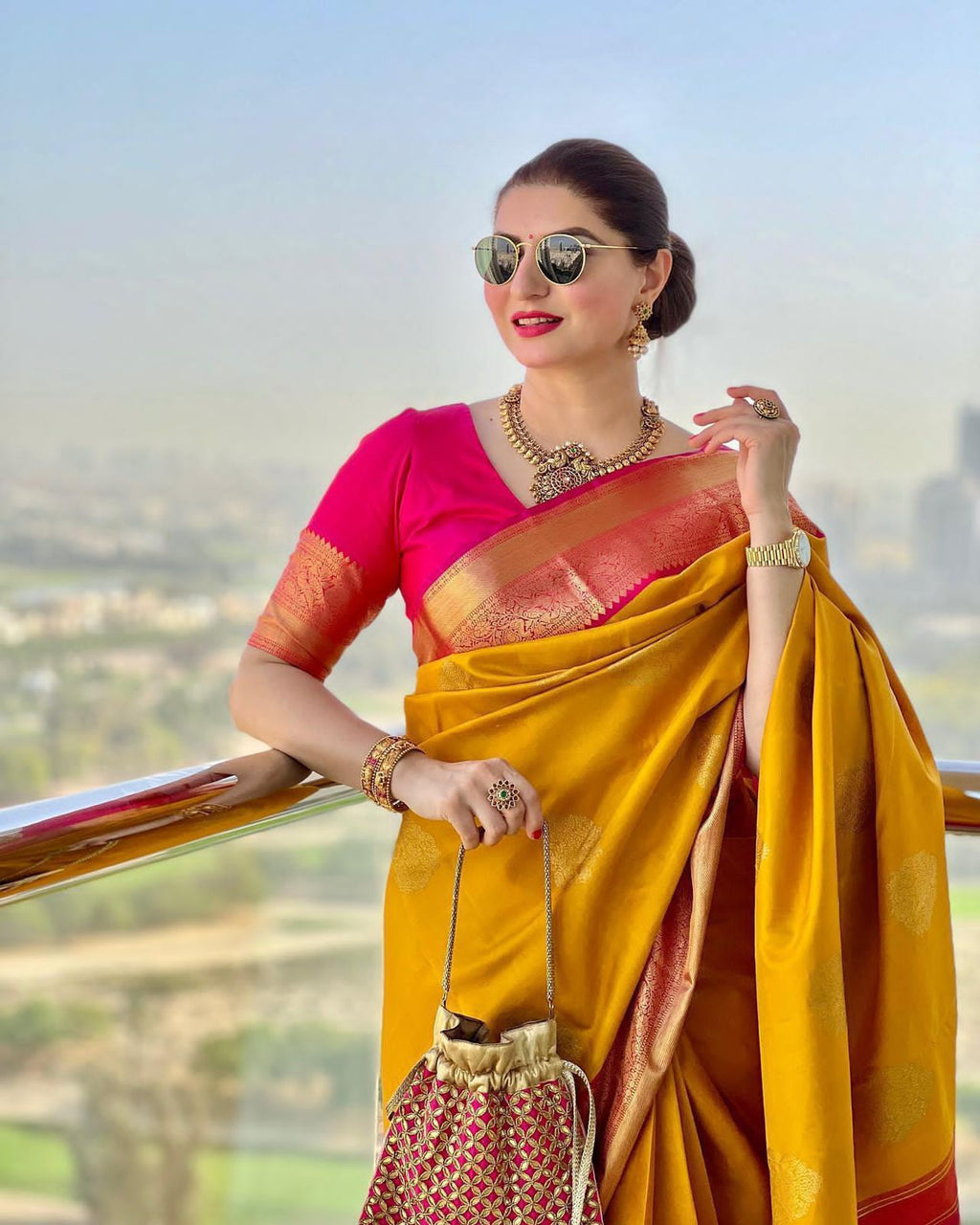 Mustard Yellow Kanjivaram Silk Saree with Contrast Pink Zari Border | Festival & Party Wear