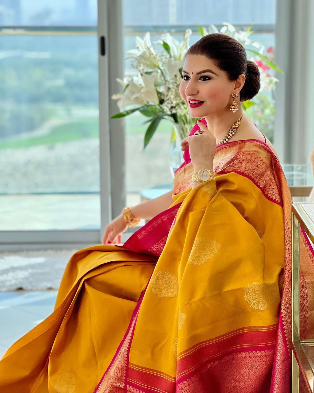Mustard Yellow Kanjivaram Silk Saree with Contrast Pink Zari Border | Festival & Party Wear