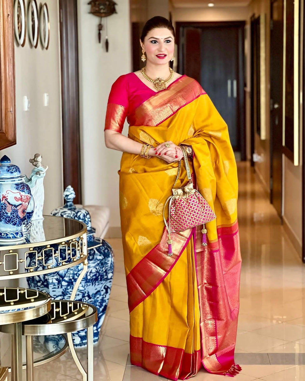 Mustard Yellow Kanjivaram Silk Saree with Contrast Pink Zari Border | Festival & Party Wear