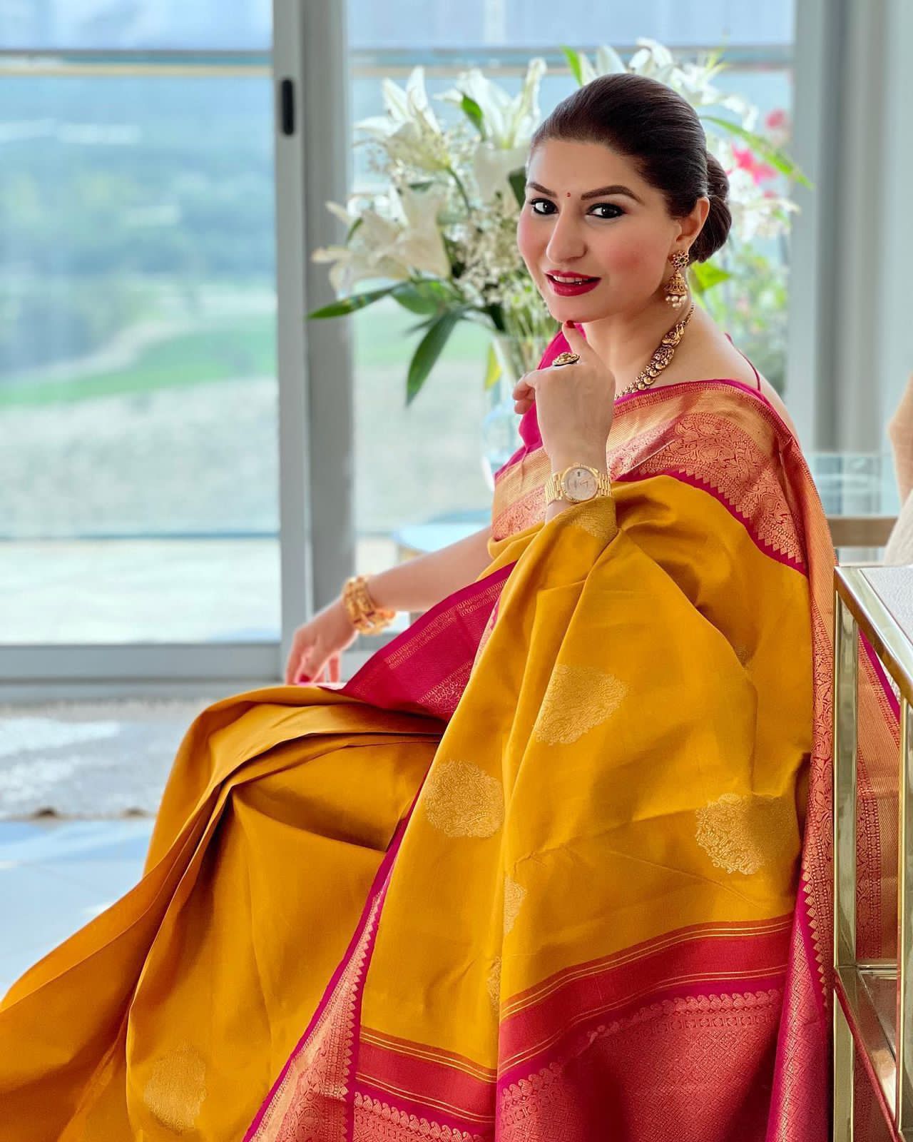 Mustard Yellow Kanjivaram Silk Saree with Contrast Pink Zari Border | Festival & Party Wear