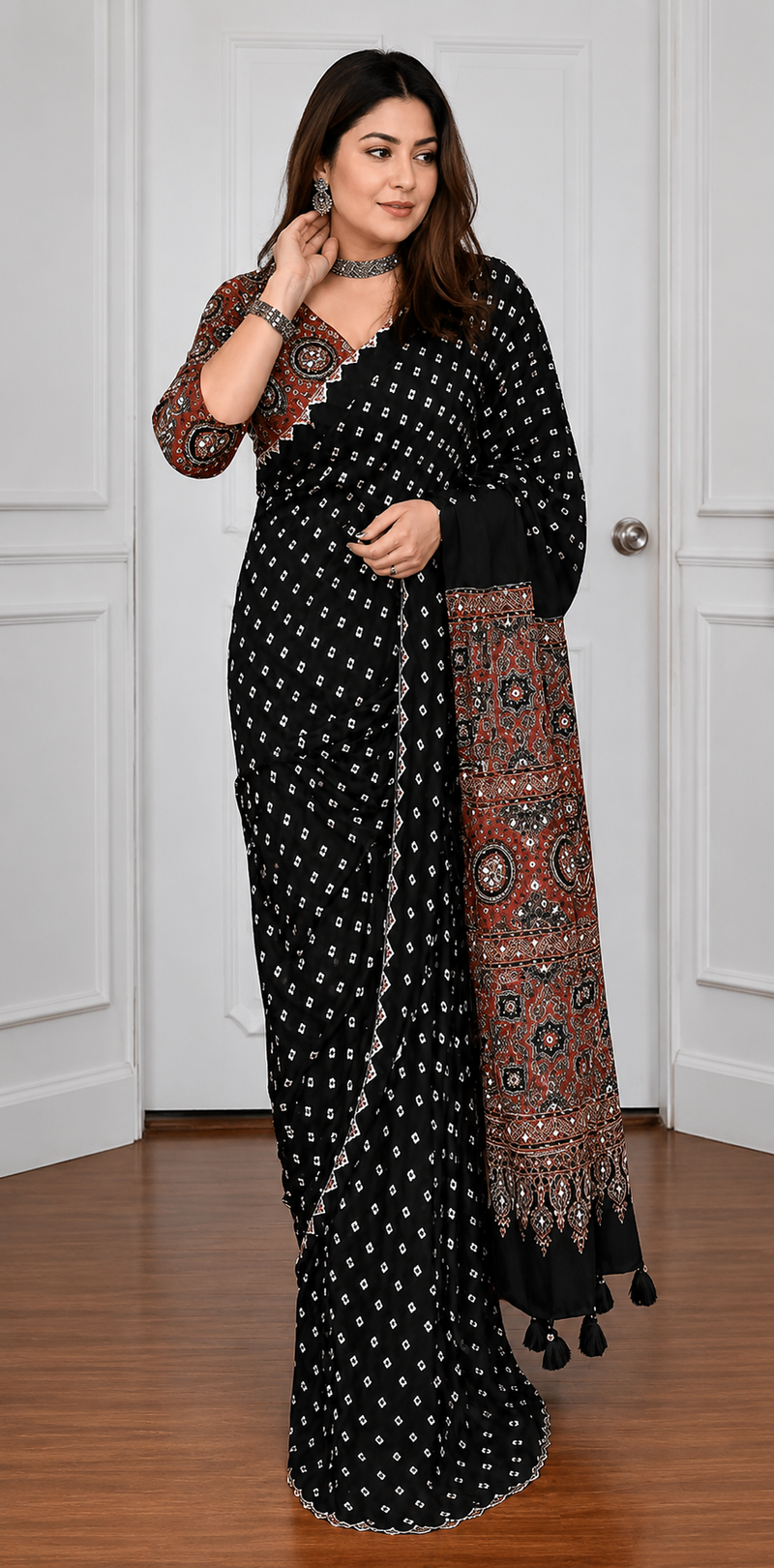 Black Ajrakh Printed Modal Silk Saree with Real Mirror Work For Women