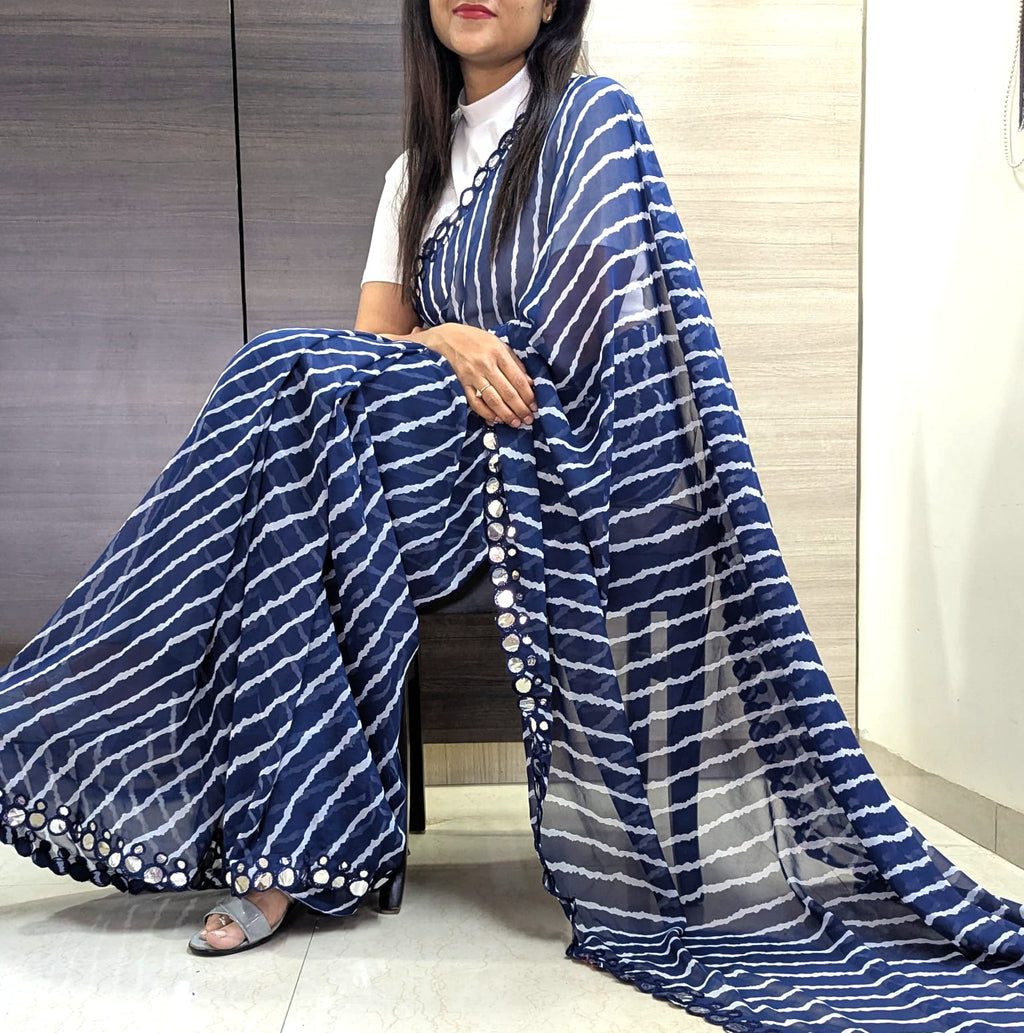 Monochrome Striped Party Wear Saree with Reflective Mirror Embellishments