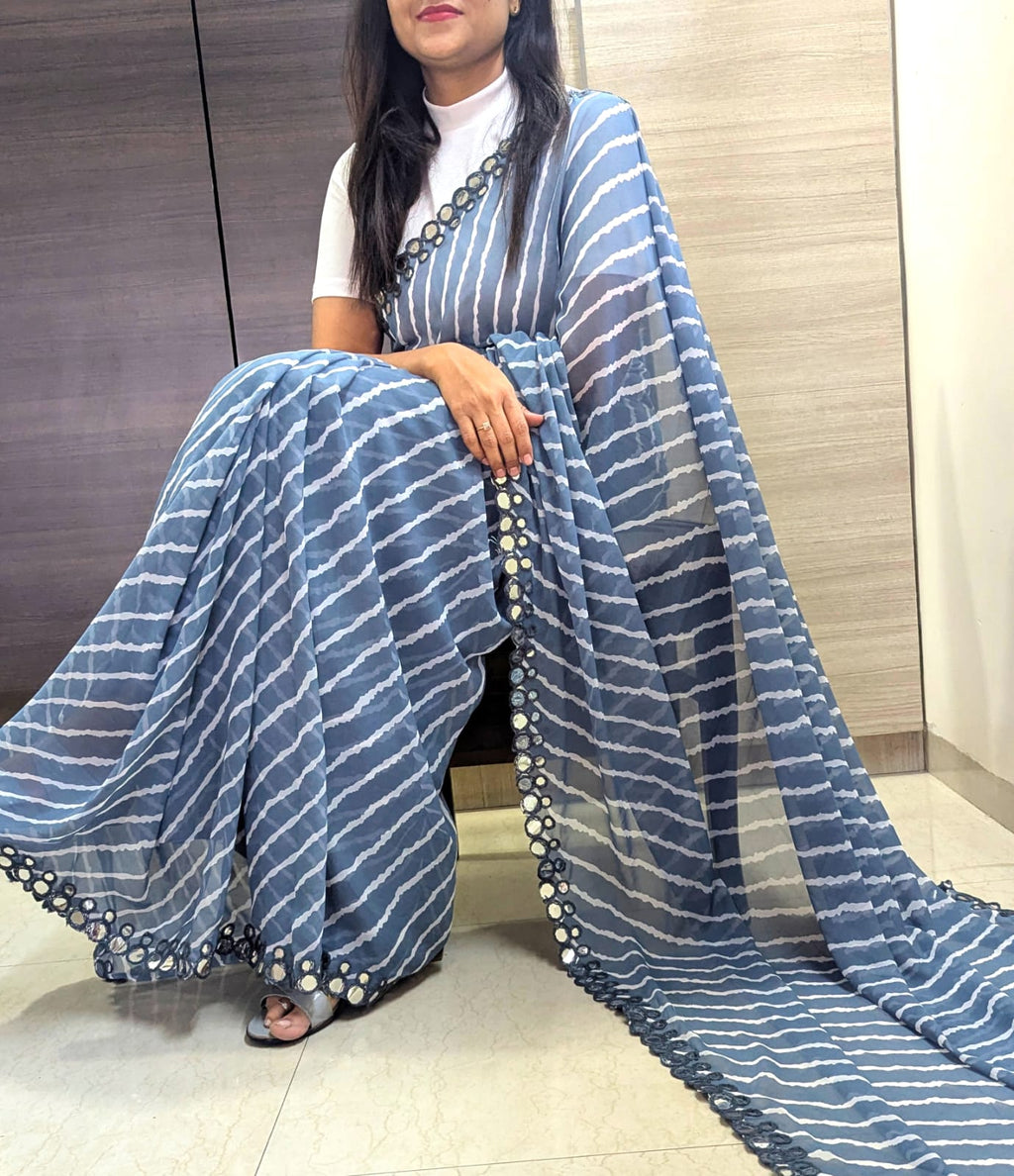 Monochrome Striped Party Wear Saree with Reflective Mirror Embellishments