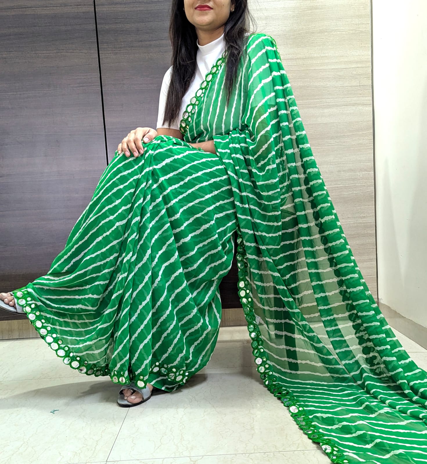 Monochrome Striped Party Wear Saree with Reflective Mirror Embellishments