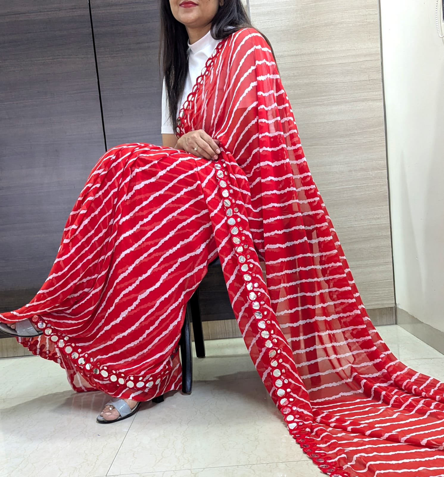 Monochrome Striped Party Wear Saree with Reflective Mirror Embellishments