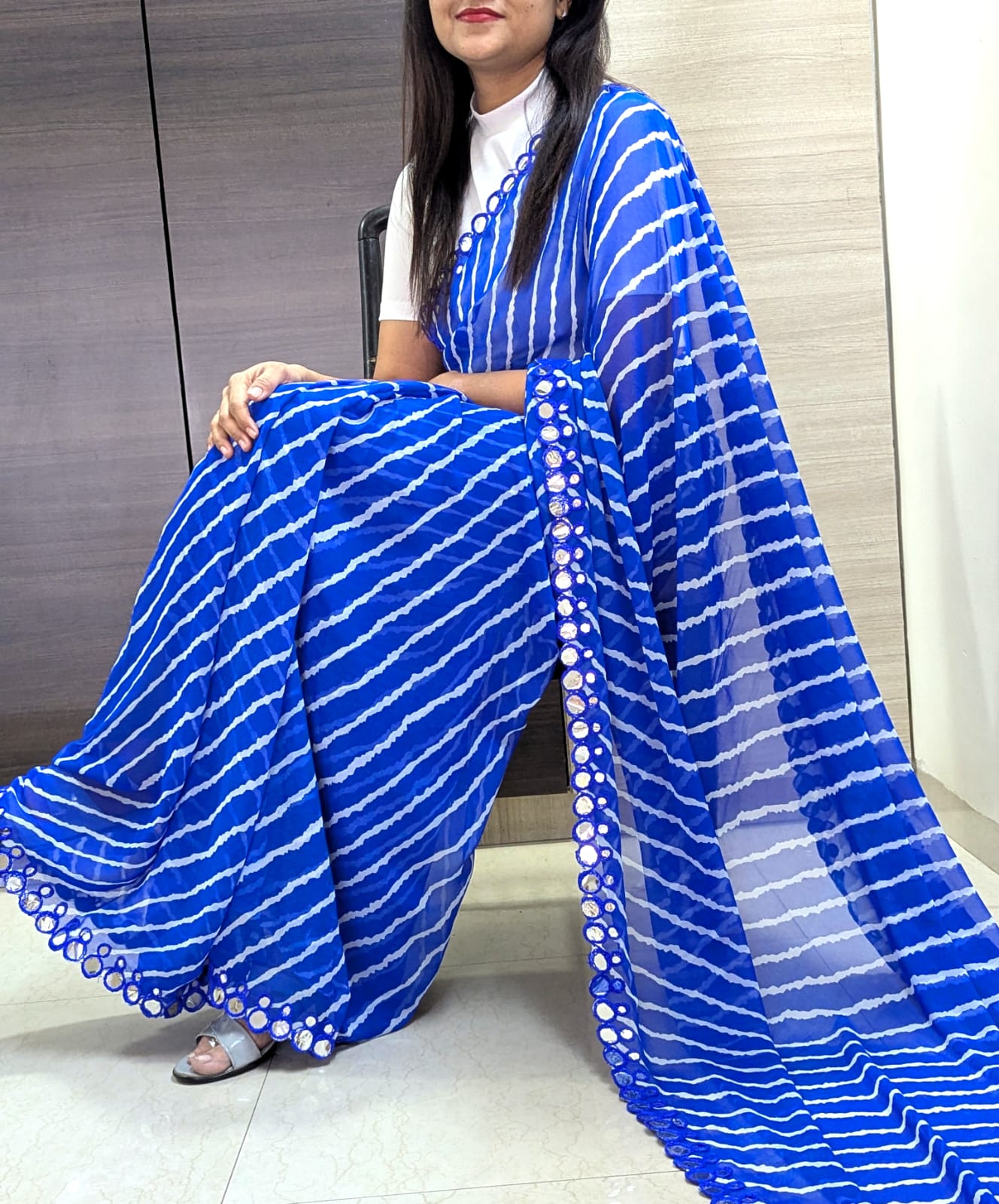 Monochrome Striped Party Wear Saree with Reflective Mirror Embellishments