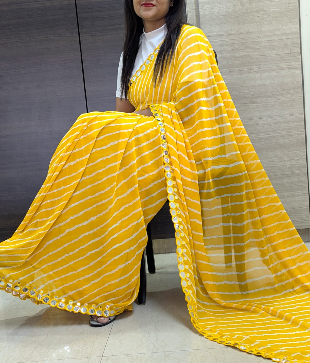 Monochrome Striped Party Wear Saree with Reflective Mirror Embellishments