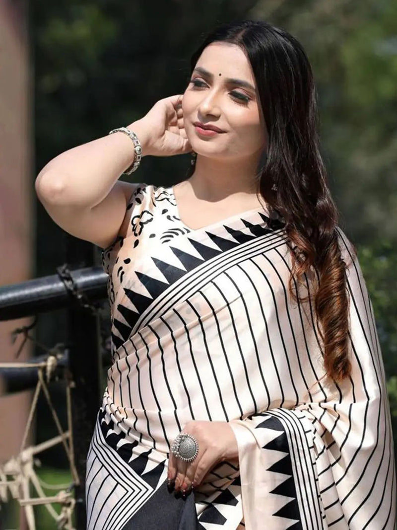 Modern Black & White Designer Saree with Geometric Print | Stylish Party & Office Wear Saree for Women