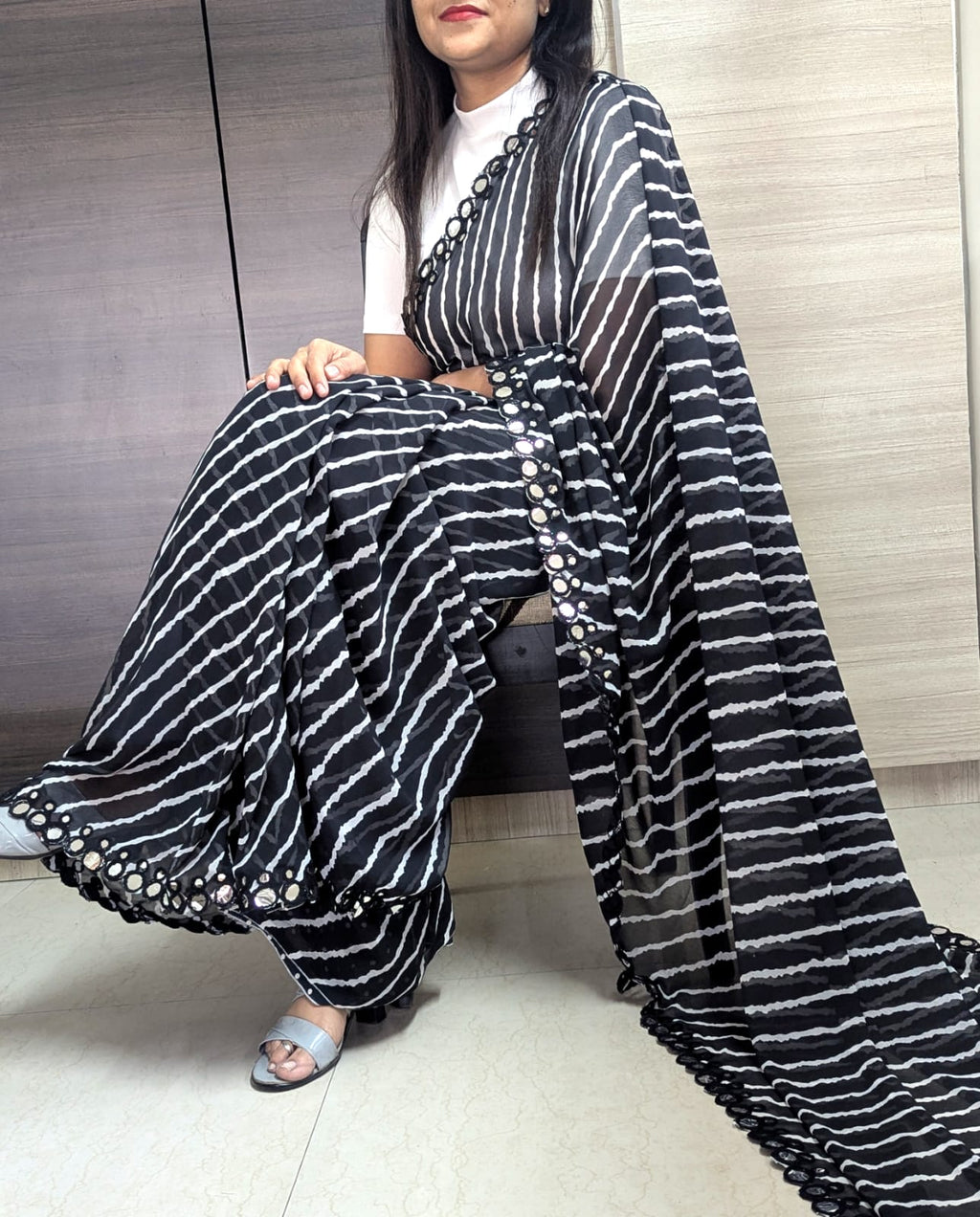 Monochrome Striped Party Wear Saree with Reflective Mirror Embellishments