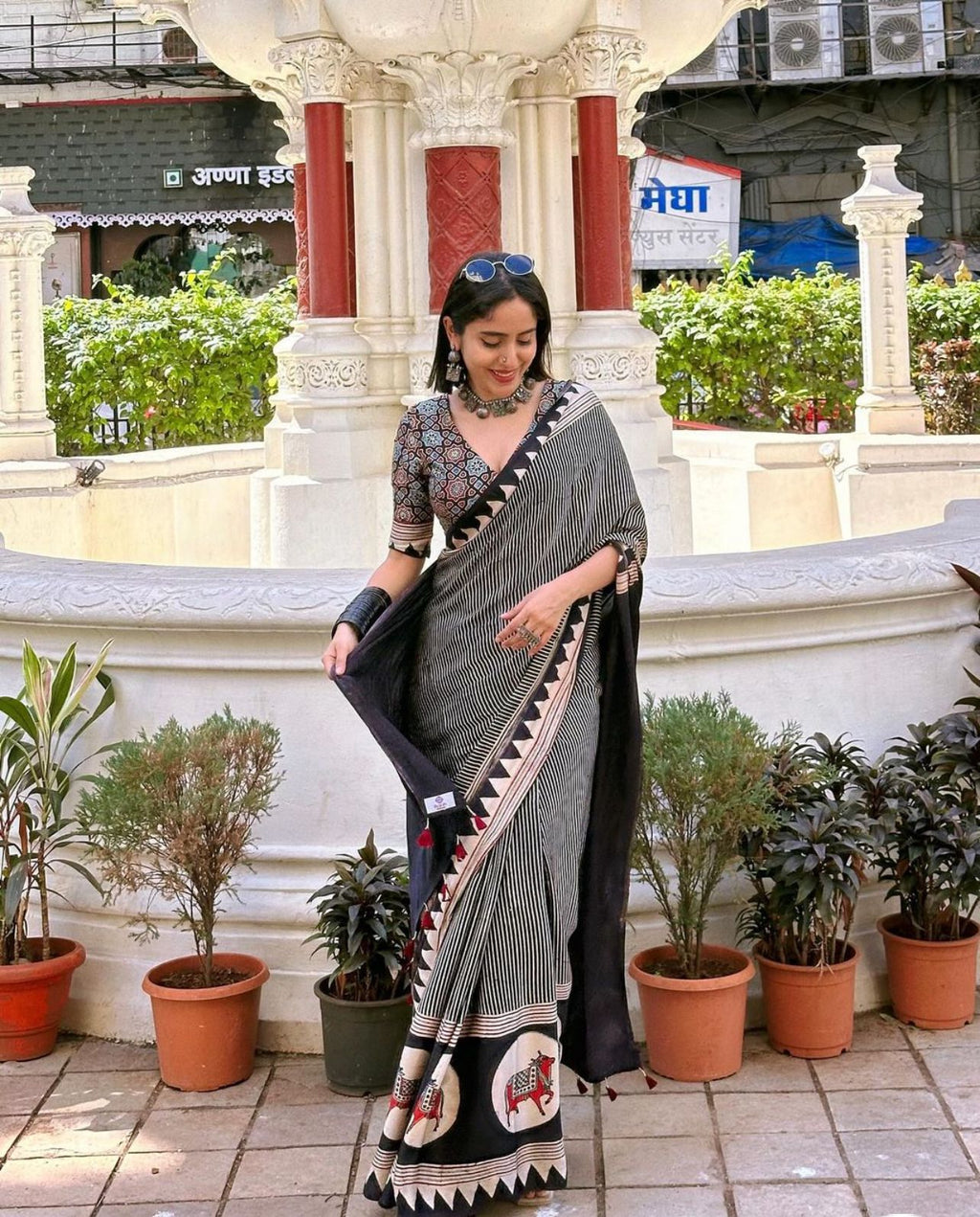 Premium Black White Japan Satin Printed Saree - Wedding & Party Wear