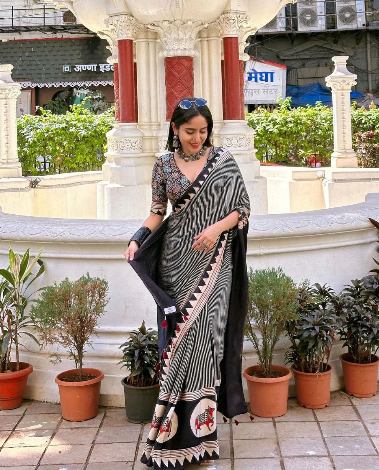 Premium Black White Japan Satin Printed Saree - Wedding & Party Wear