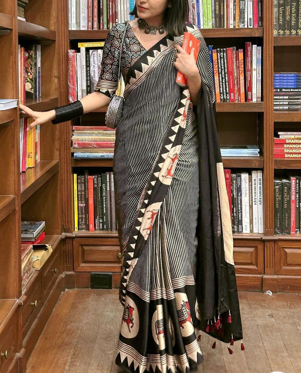 Premium Black White Japan Satin Printed Saree - Wedding & Party Wear