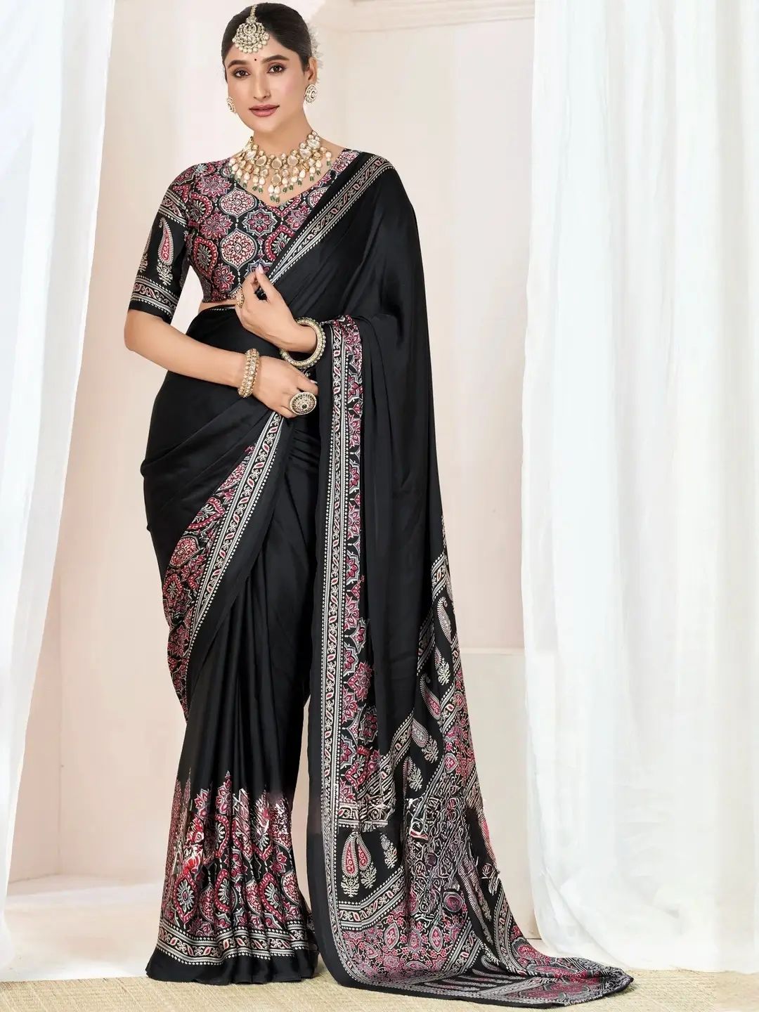 Designer Black Silk Saree with Heavy Printed Border & Blouse | Wedding & Party Wear Saree for Women