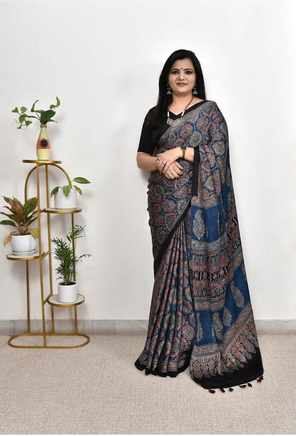 Premium Blue Ajrakh Printed Modal Silk Saree for Women | Function & Party Wear