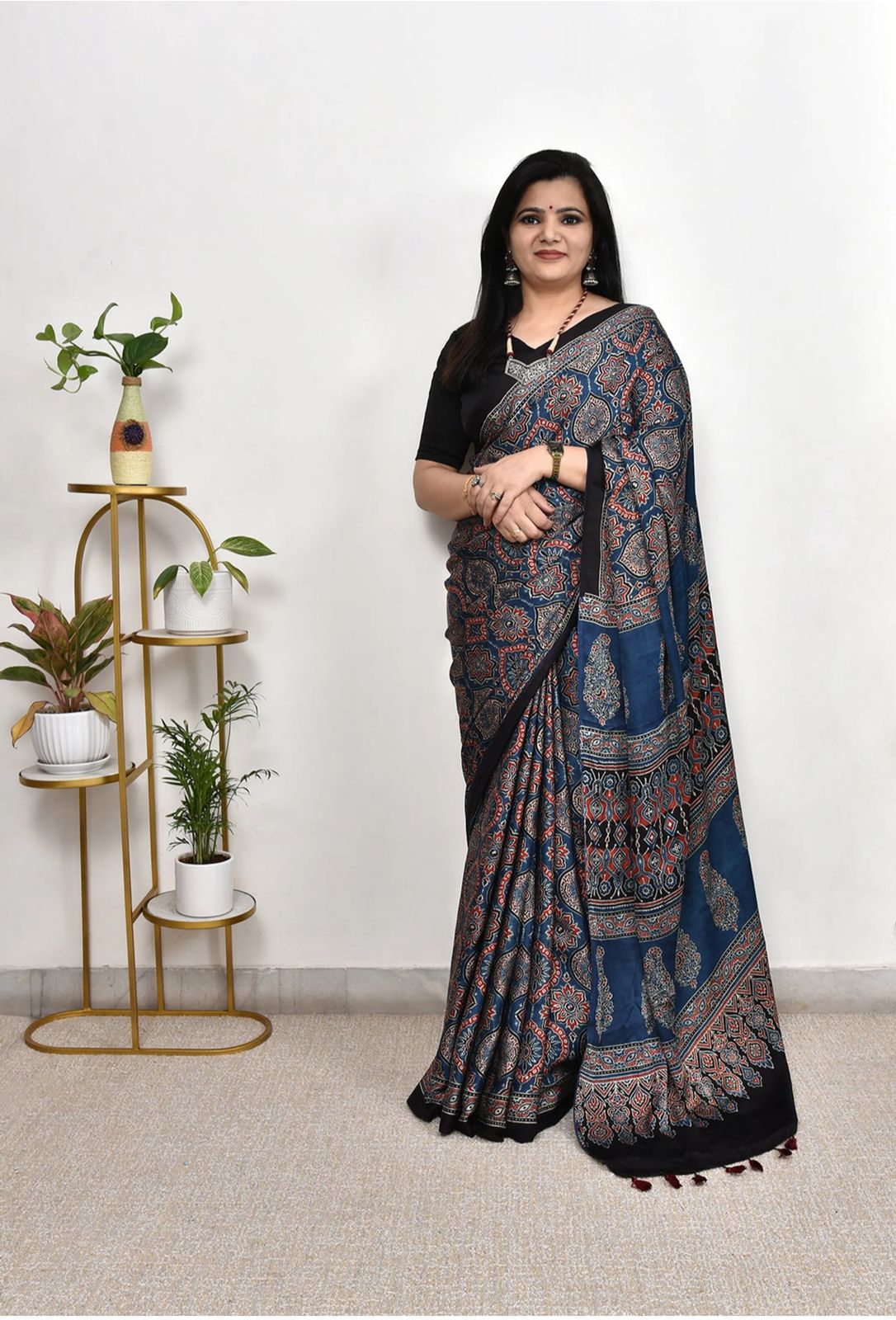Premium Blue Ajrakh Printed Modal Silk Saree for Women | Function & Party Wear