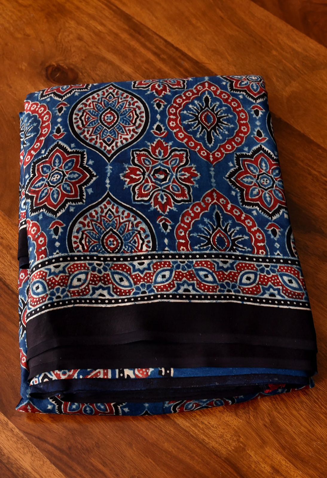 Premium Blue Ajrakh Printed Modal Silk Saree for Women | Function & Party Wear