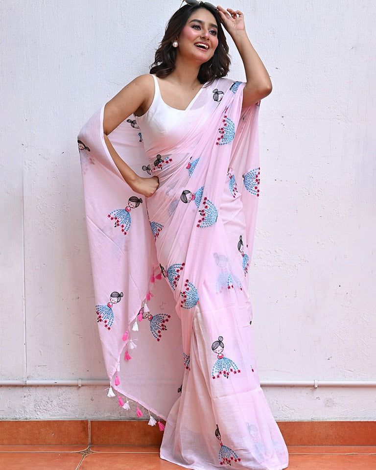 Premium Chanderi Cotton Saree with Barbie Doll Multi Embroidery Work & Bangalori Blouse  Royal Saree House