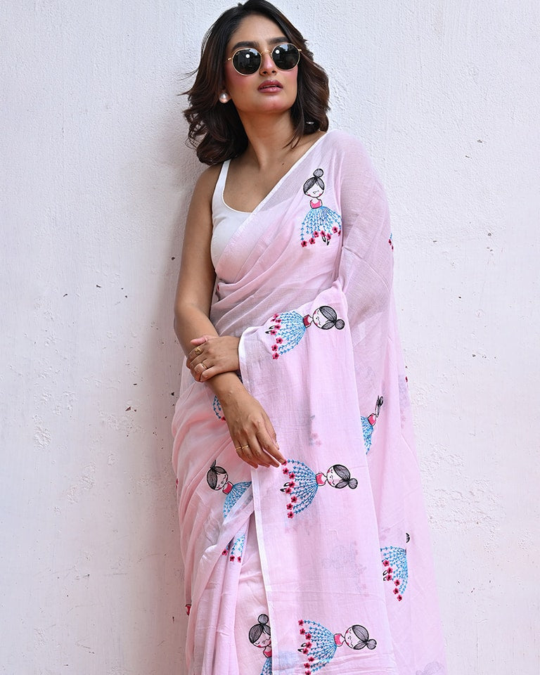 Side pose of Premium Pink Chanderi Cotton Saree with Barbie Doll Multi Embroidery Work and White Bangalori Blouse for Women