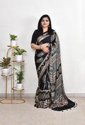 Black Abstract Ajrakh Print Saree in Japan Satin Fabric | Designer Soft Satin Saree | Party Wear & Elegant Ethnic Look