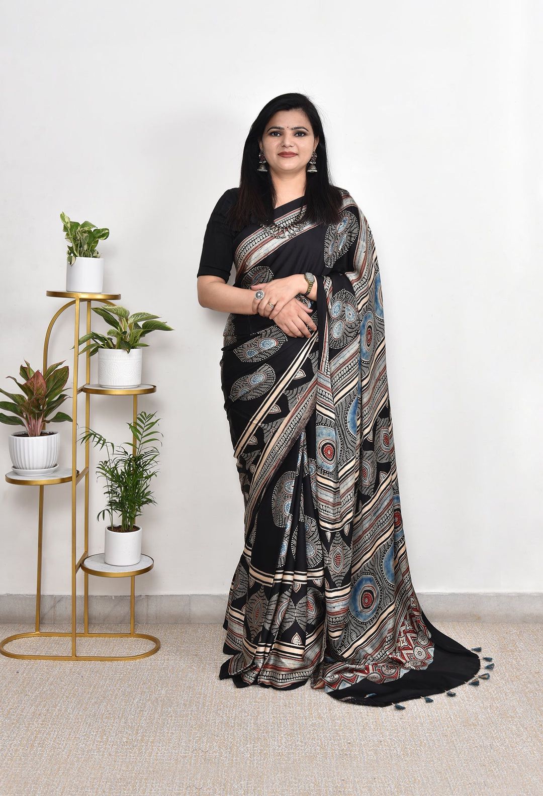 Black Abstract Ajrakh Print Saree in Japan Satin Fabric | Designer Soft Satin Saree | Party Wear & Elegant Ethnic Look