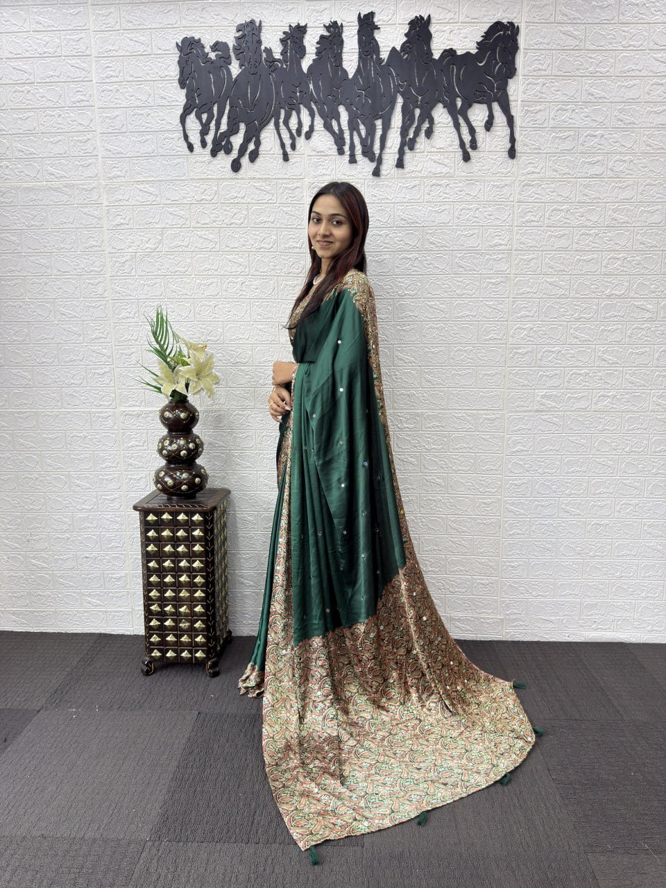 Side View of Premium Real Mirror Work Semi Gajji Silk Saree for Women in Green Color