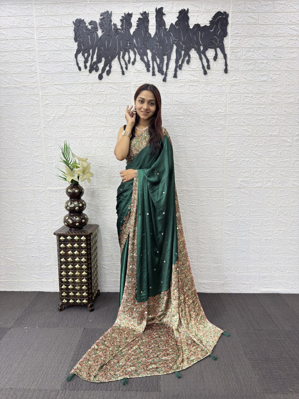Front View of Premium Real Mirror Work Semi Gajji Silk Saree for Women in Green Color
