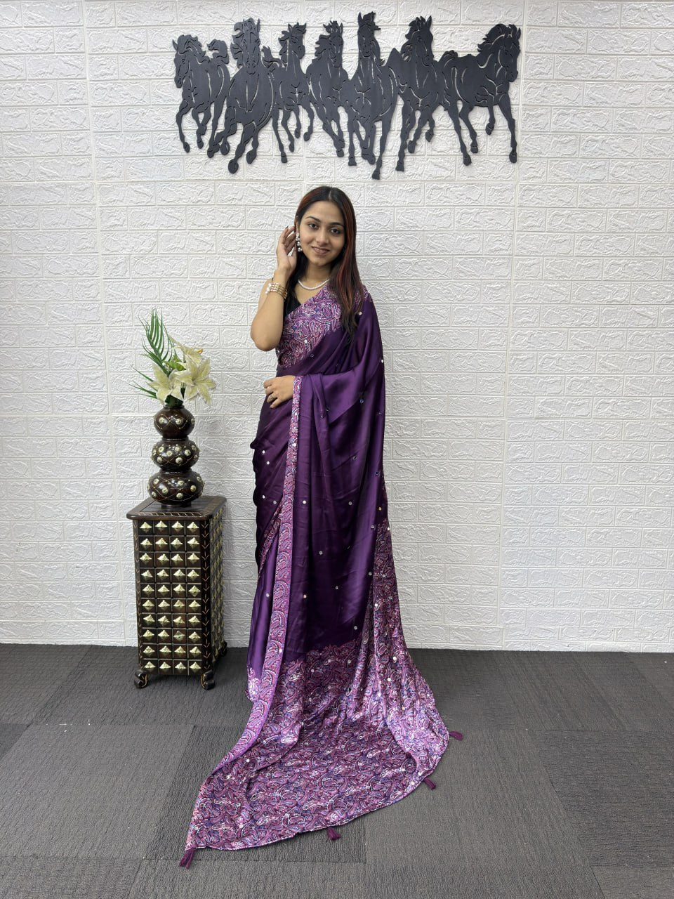 Front View of Premium Real Mirror Work Semi Gajji Silk Saree for Women in Purpal Color
