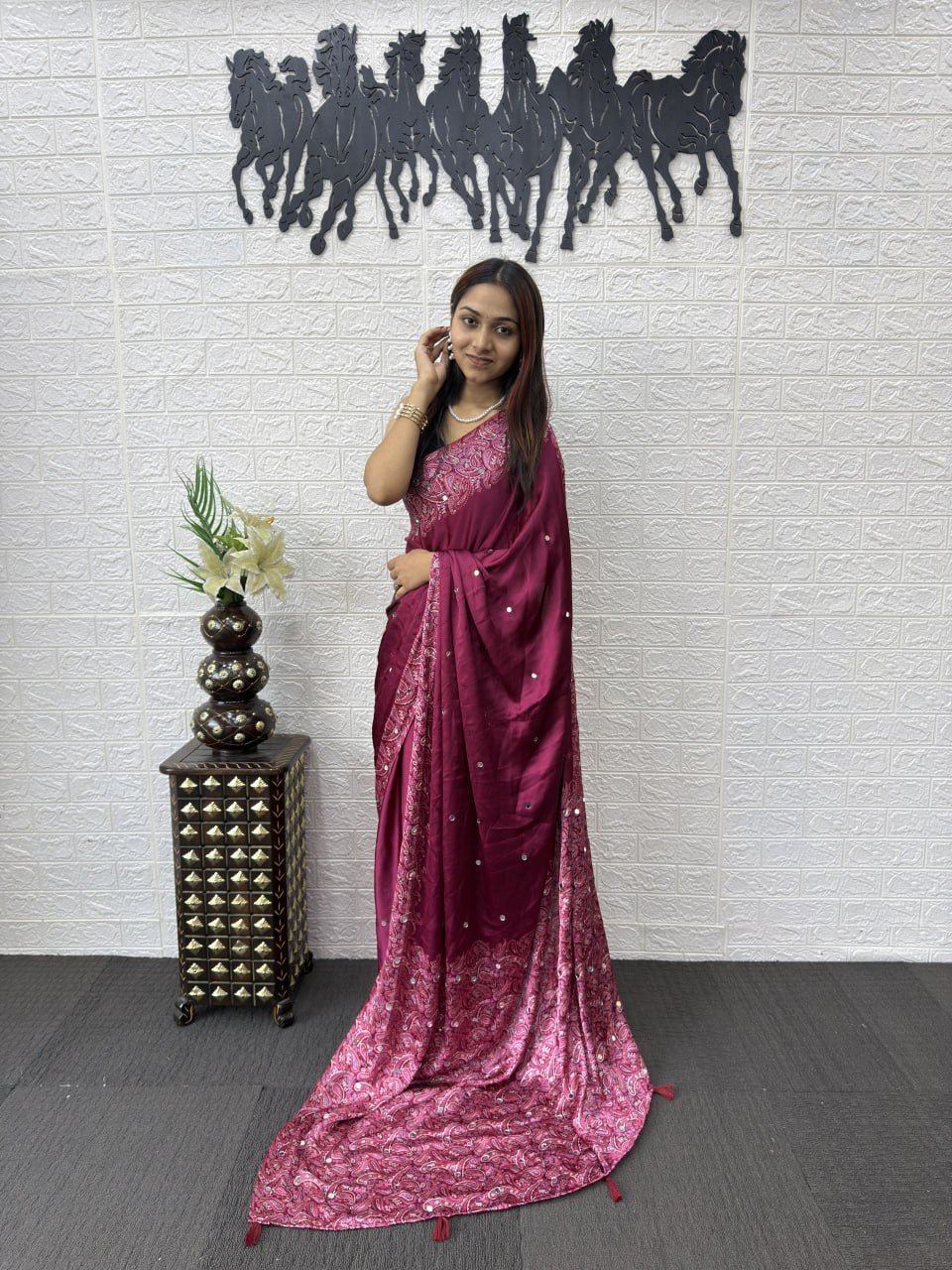 Front View of Premium Real Mirror Work Semi Gajji Silk Saree for Women in Wine Color