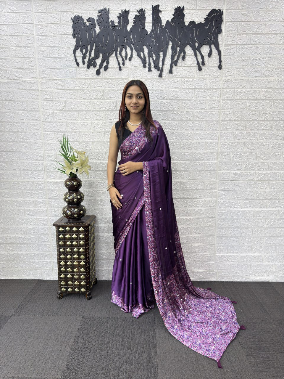 Premium Real Mirror Work Semi Gajji Silk Saree for Women in Purple Color – Party Wear, Wedding & Festival Saree