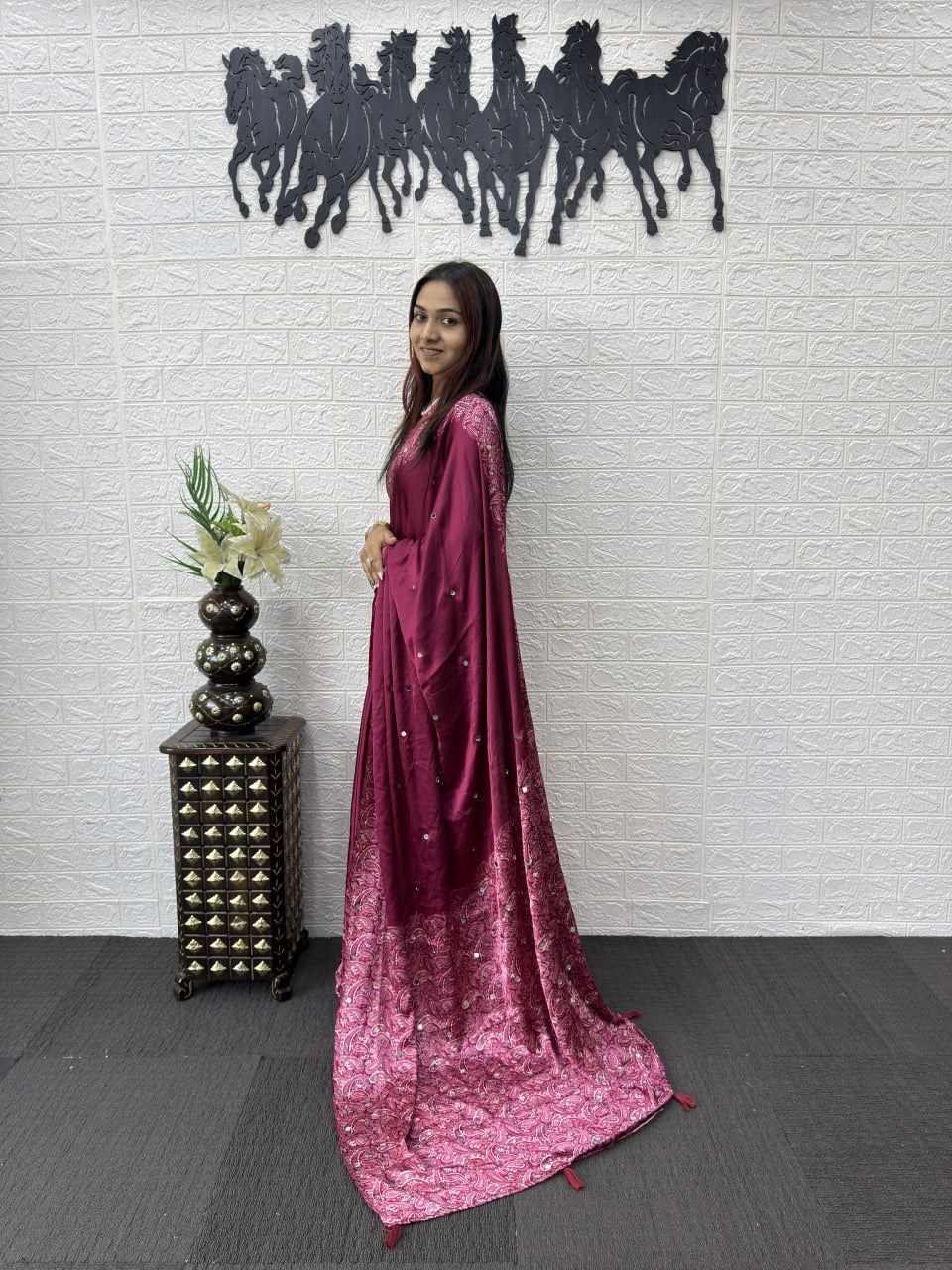 Side View of Premium Real Mirror Work Semi Gajji Silk Saree for Women in Wine Color